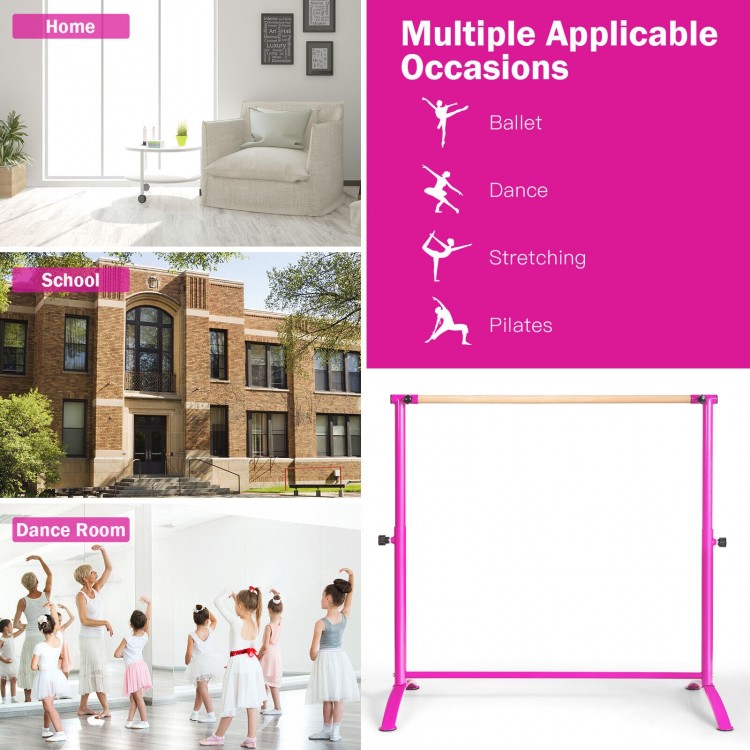 51-inch pink ballet barre with adjustable height for home, school, and dance room use, featuring a sturdy metal base.