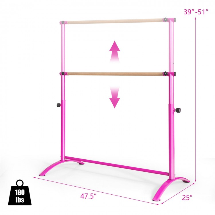 Adjustable pink ballet barre with beech wood bar, height from 39" to 51", suitable for home and dance studios.