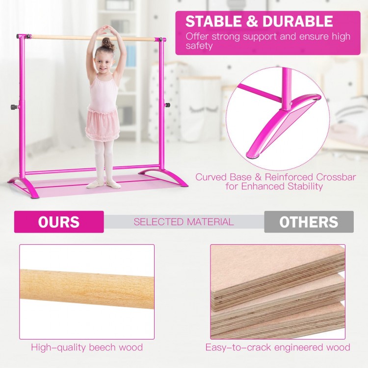 Ballet barre in pink with adjustable height, sturdy beech wood, and curved base for stability, ideal for home or dance.