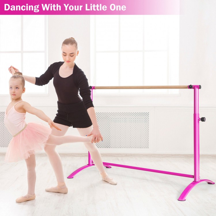Ballet barre in pink with adjustable height, suitable for adults and kids, ideal for home and dance studios.