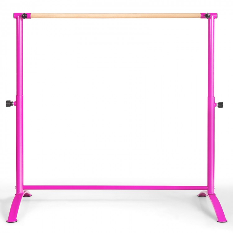 Adjustable pink ballet barre with beech wood bar, suitable for various heights, perfect for home and dance studios.