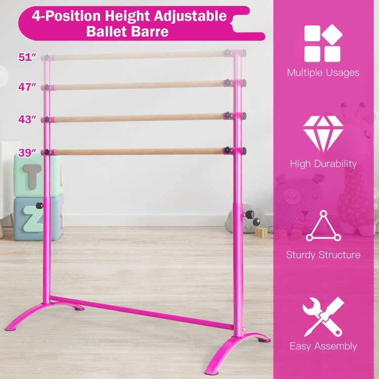 Height adjustable pink ballet barre with sturdy metal structure and beech wood bar, ideal for home and dance studios.