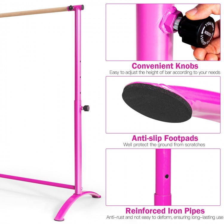 Adjustable pink ballet barre at 51 inches, featuring anti-slip footpads and sturdy metal pipes for stability.