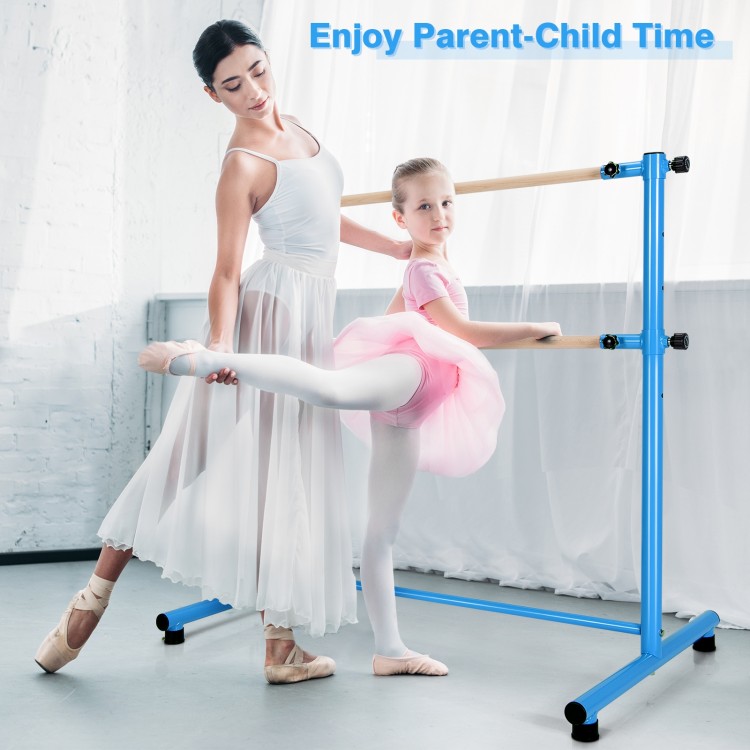Double ballet barre in blue with two dancers, featuring adjustable heights for home or studio use.