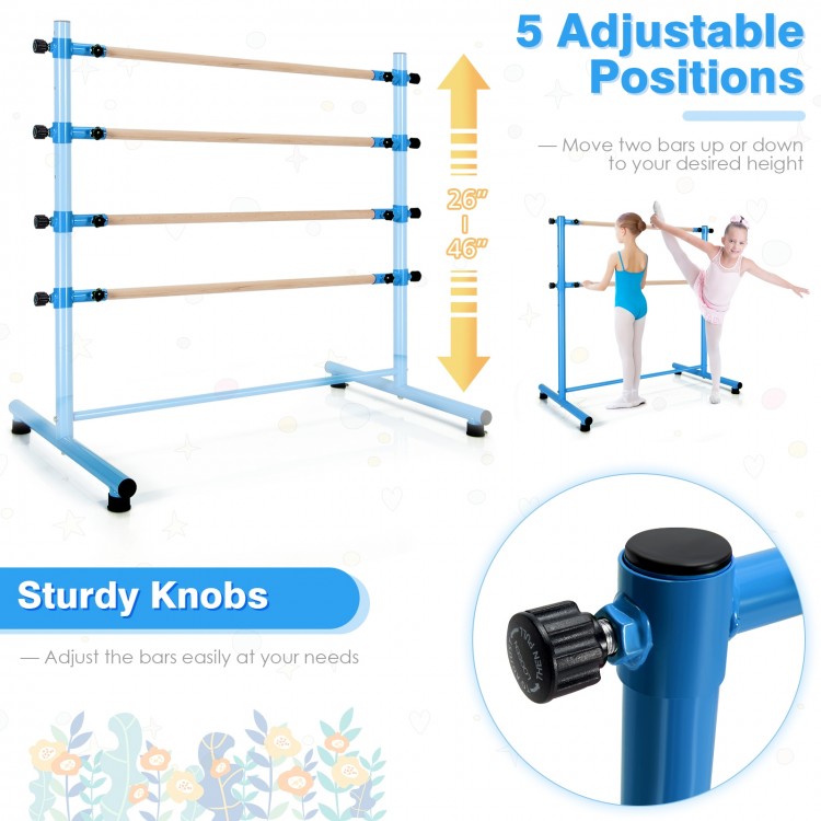 Double ballet barre in blue with adjustable heights, sturdy beech wood, and anti-slip footpads for dance and stretching.