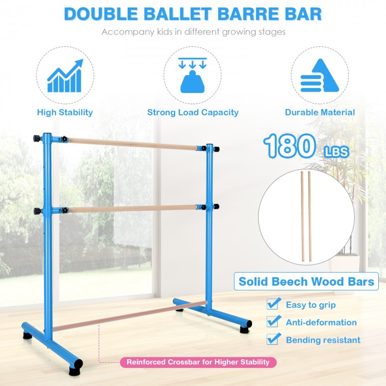 47-inch double ballet barre in blue with solid beech wood bars, designed for stability and 180 lbs load capacity.
