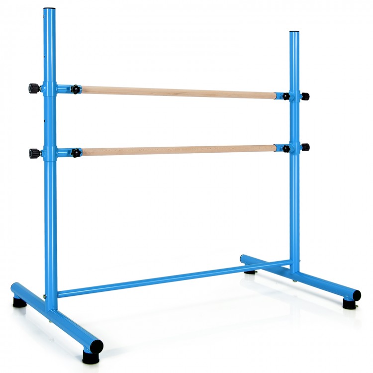 Double ballet barre in blue with beech wood bars, adjustable height, and anti-slip footpads for dance and stretching.