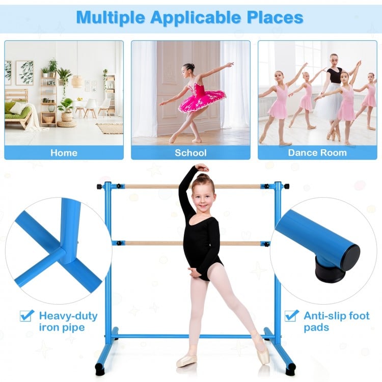 47-inch blue double ballet barre with beech wood bars and anti-slip footpads, ideal for home, school, and dance rooms.