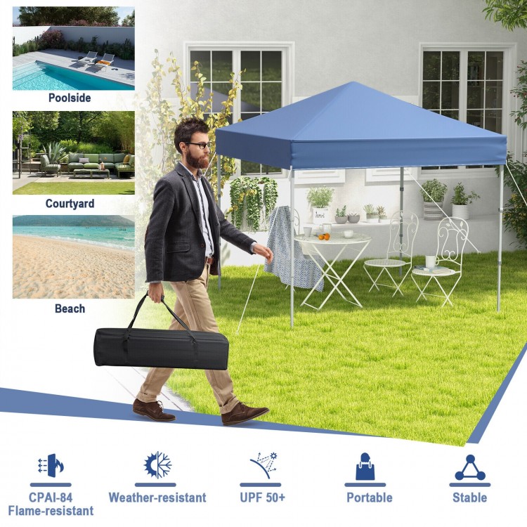 Outdoor pop-up canopy tent in blue, 6.6 x 6.6 feet, with UPF 50+ protection, ideal for parties and gatherings.