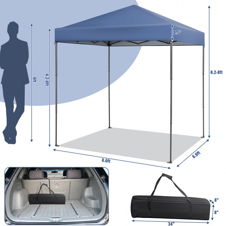 Blue 6.6 x 6.6 feet outdoor pop-up canopy tent with UPF 50+ sun protection, adjustable height, and carry bag for easy.