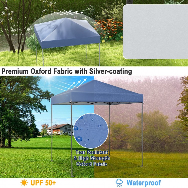 Blue 6.6 x 6.6 feet outdoor pop-up canopy tent with UPF 50+ sun protection, featuring tear-resistant oxford fabric.