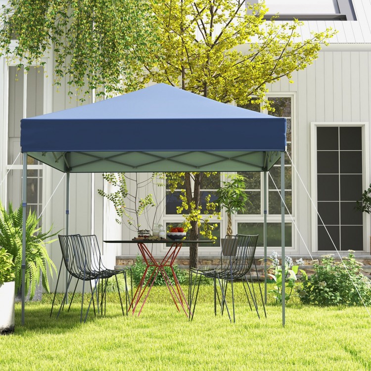Outdoor pop-up canopy tent in blue, 6.6 x 6.6 feet, featuring UPF 50+ sun protection, ideal for parties and picnics.