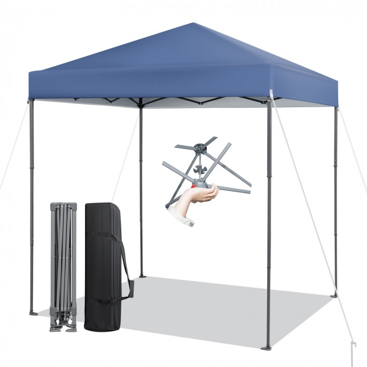 Blue 6.6 x 6.6 feet outdoor pop-up canopy tent with UPF 50+ sun protection, featuring a heavy-duty metal frame and.