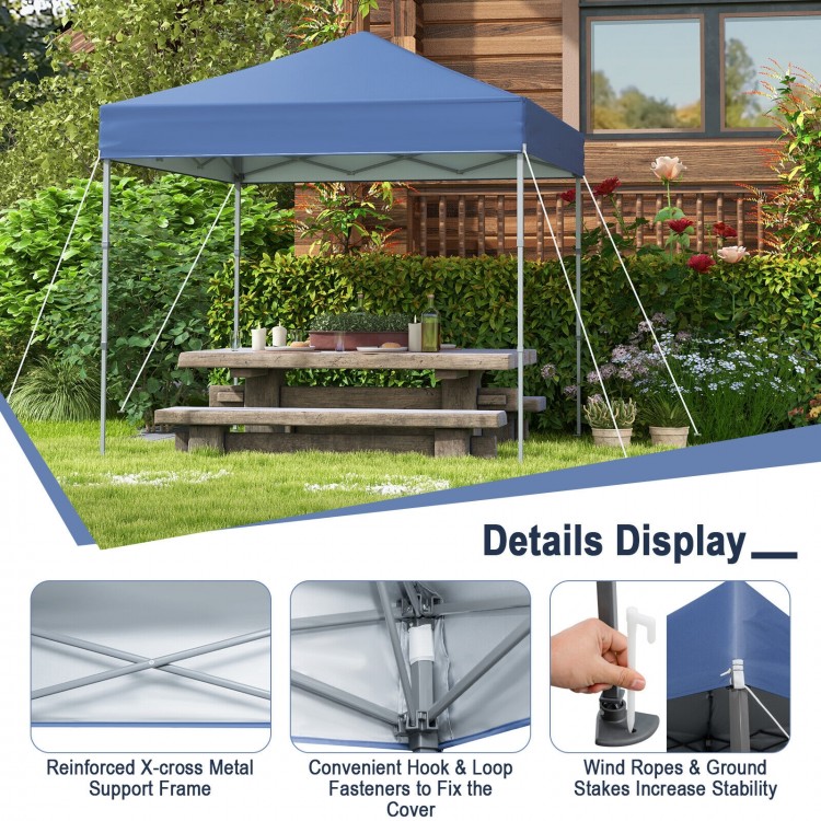 Outdoor pop-up canopy tent in blue, 6.6 x 6.6 feet, with UPF 50+ sun protection, ideal for picnics and gatherings.