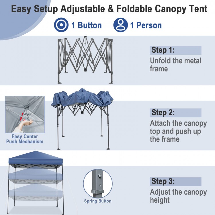 Adjustable 6.6 x 6.6 feet blue pop-up canopy tent with UPF 50+ sun protection, ideal for outdoor events and gatherings.