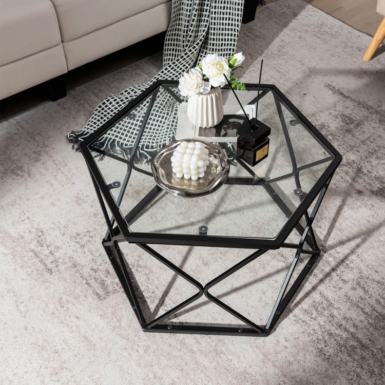 Modern Accent Geometric Glass Coffee Table-BlackCostway Gallery View 7 of 9