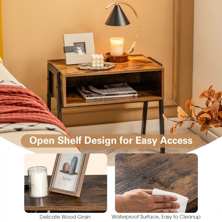 Stackable nightstand accent table with open shelf design, engineered wood, and metal frame for versatile storage.