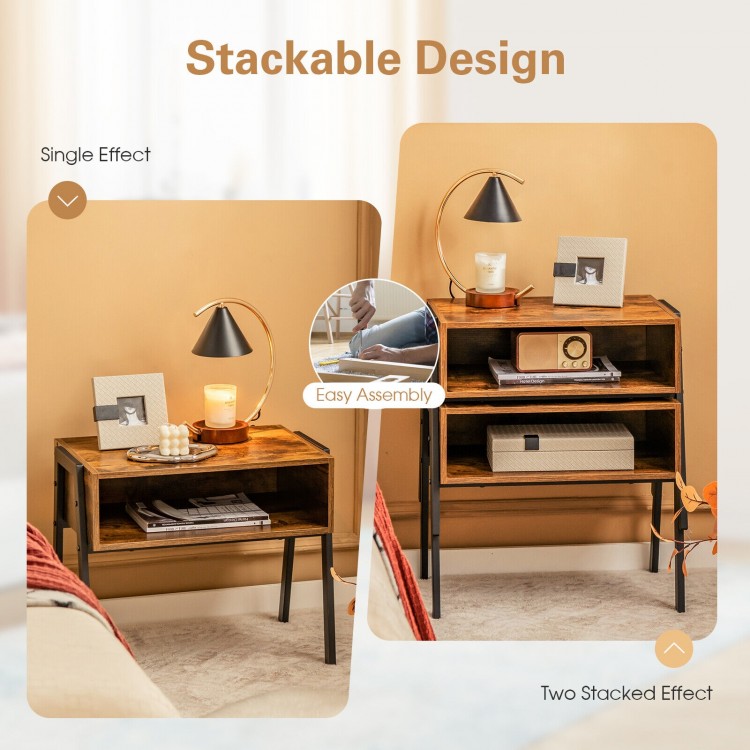Stackable nightstand shelf with metal frame, featuring spacious storage compartments and retro style for versatile use.
