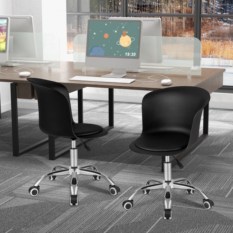 Set of 2 black ergonomic office desk chairs with soft padded PU leather seats and adjustable height for versatile use.