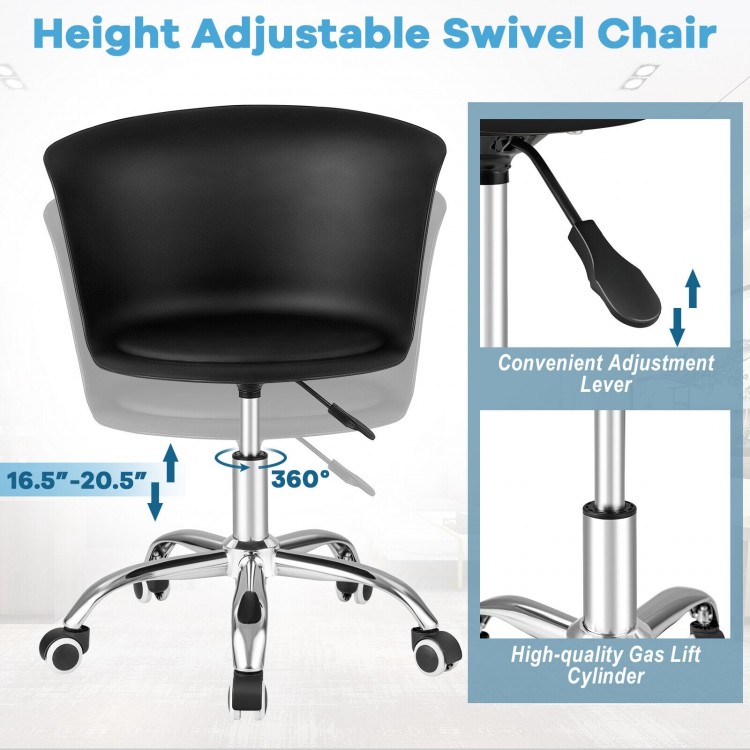 Height adjustable swivel chair with ergonomic backrest, soft PU leather seat, and 360° rotation for versatile use.