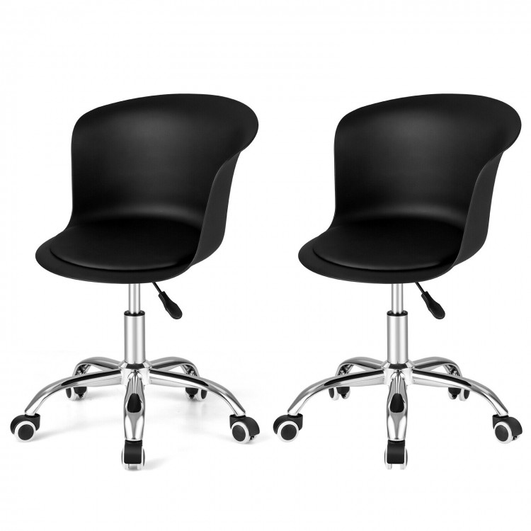 Set of 2 black ergonomic office chairs with soft padded PU leather seats and adjustable height for versatile use.