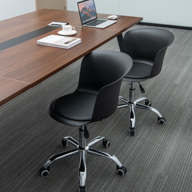 Set of 2 ergonomic office desk chairs with black PU leather seats and chrome bases, ideal for comfortable workspace.