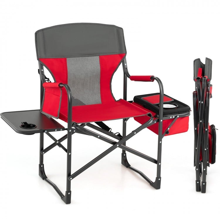Folding camping directors chair in red with cooler bag and side table, ideal for outdoor use and easy transportation.