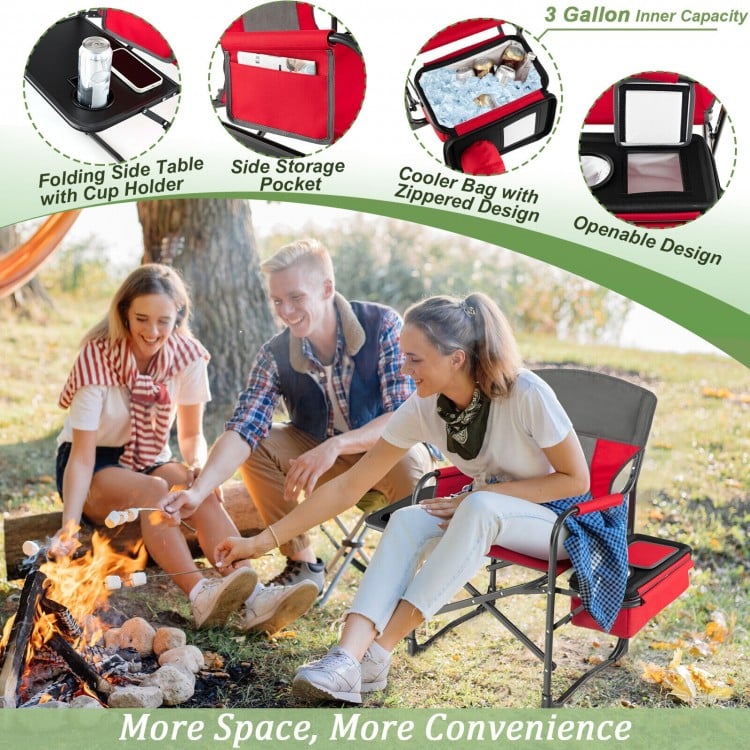 Folding camping director's chair in red with cooler bag, side table, and sturdy frame, perfect for outdoor use.