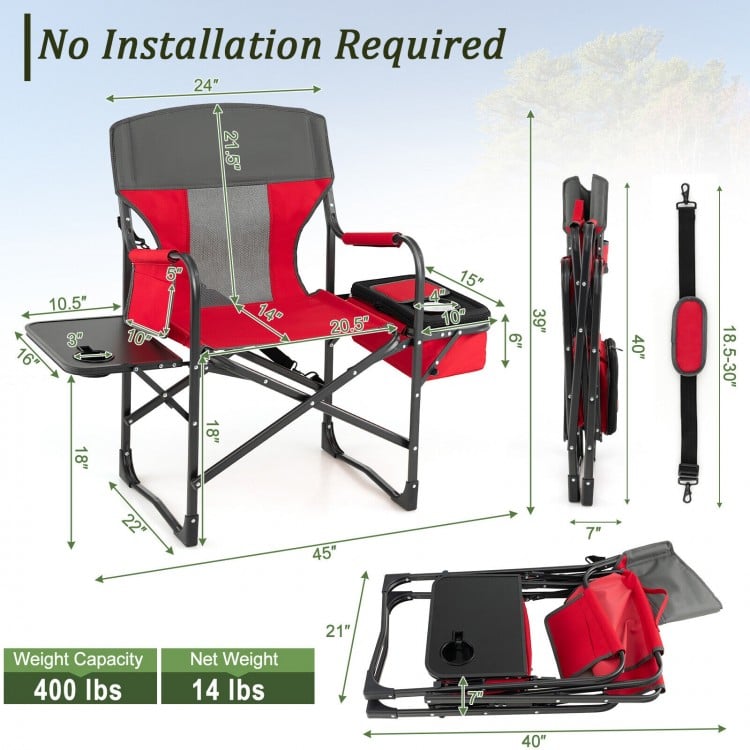 Folding camping directors chair in red with cooler bag and side table, sturdy metal frame, 400 lbs capacity, portable.