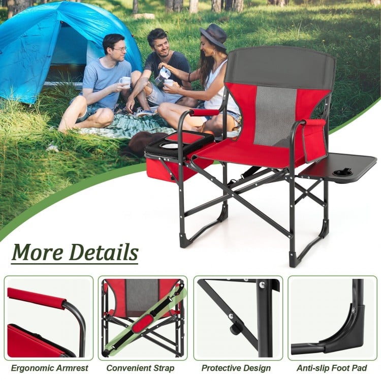 Folding camping directors chair in red with side table and cooler bag, ideal for outdoor use and easy transportation.