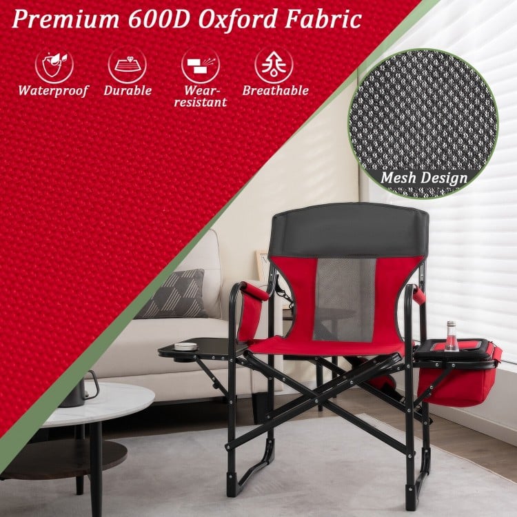 Folding camping directors chair in red with cooler bag and side table, made of durable, wear-resistant oxford fabric.