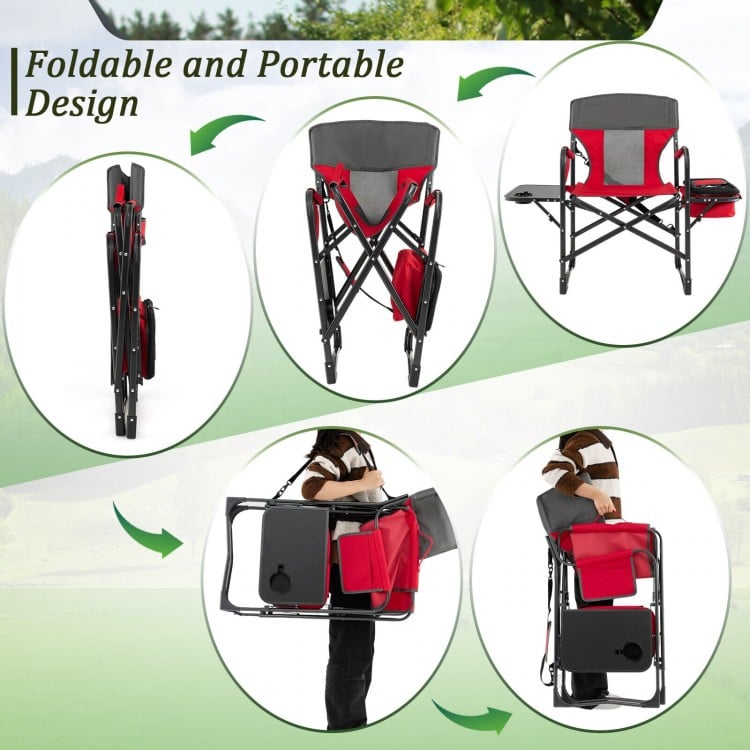 Folding camping directors chair in red with cooler bag and side table, featuring a portable design for easy transport.