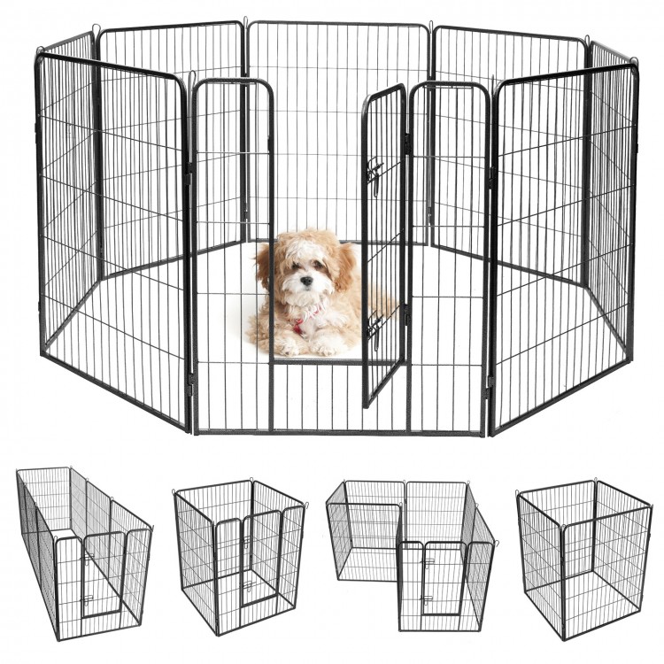 Heavy-duty 8-panel pet playpen with door, rust-resistant metal, designed for outdoor use and easy assembly.