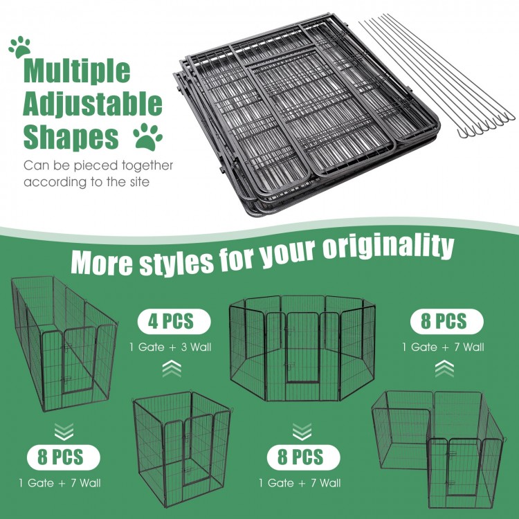 Heavy-duty metal pet playpen with 8 adjustable panels, designed for outdoor use and easy assembly, featuring a door.