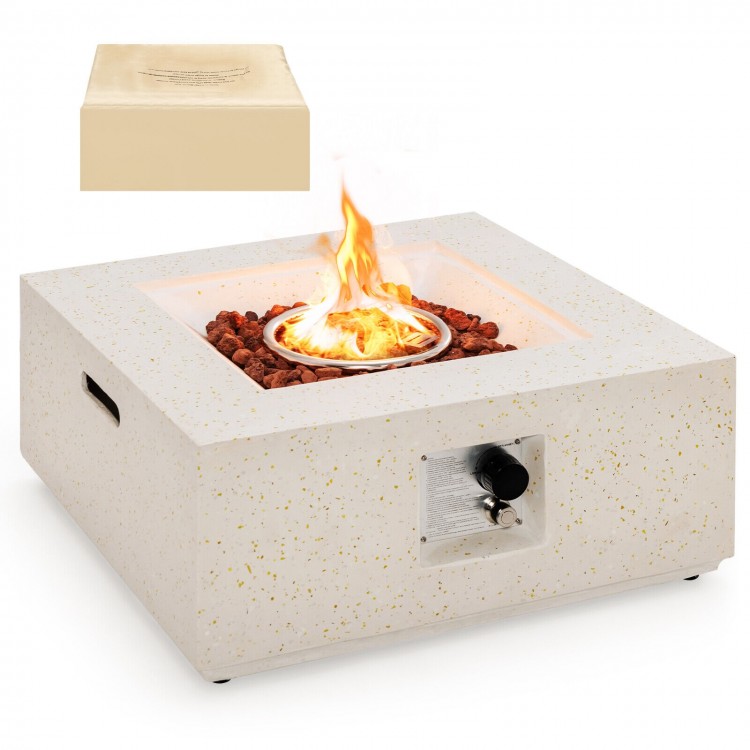 Square 28-inch propane gas fire pit in white terrazzo with lava rocks, 40,000 BTU, includes PVC cover for outdoor use.