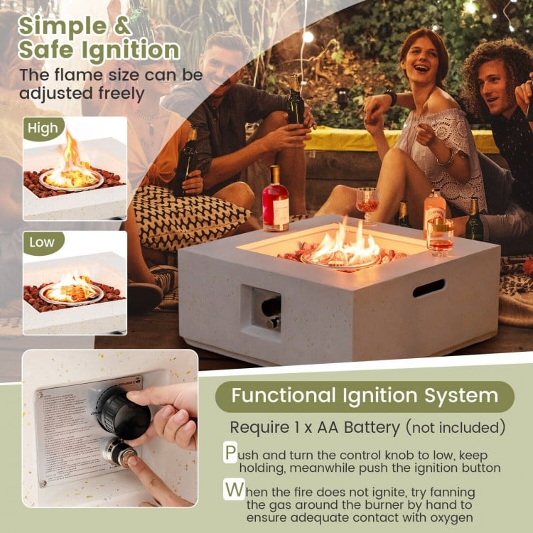 Square propane gas fire pit with adjustable flame, 40,000 BTU output, made of durable terrazzo, ideal for outdoor.