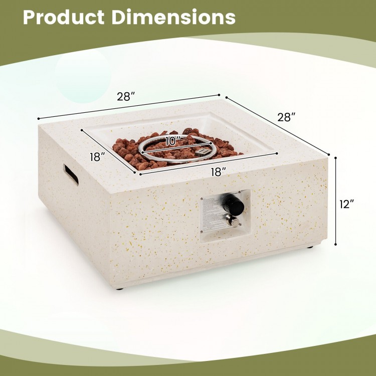 Square propane gas fire pit dimensions showing 28"x28"x12", made of terrazzo with a stainless steel burner and PVC.