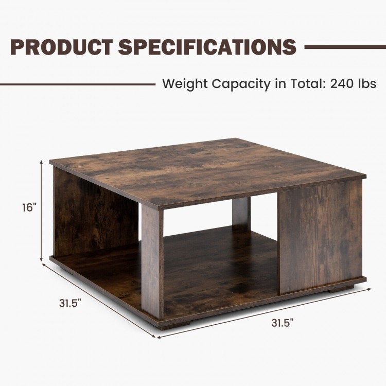 2 Tiers Square Coffee Table with Storage and Non-Slip Foot Pads-Rustic BrownCostway Gallery View 4 of 10