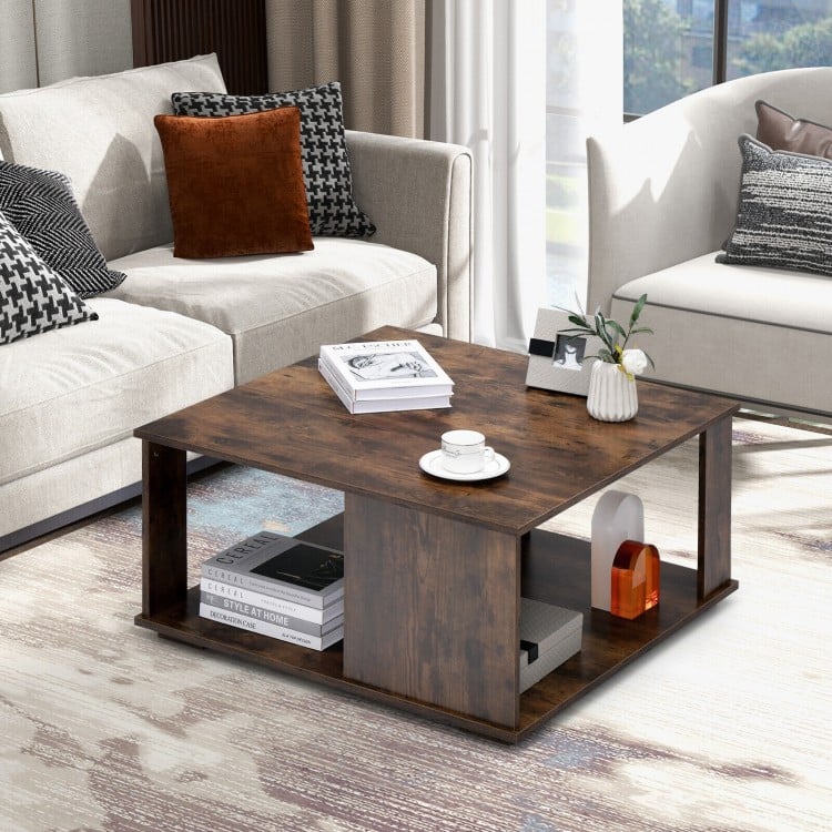 2 Tiers Square Coffee Table with Storage and Non-Slip Foot Pads-Rustic BrownCostway Gallery View 6 of 10