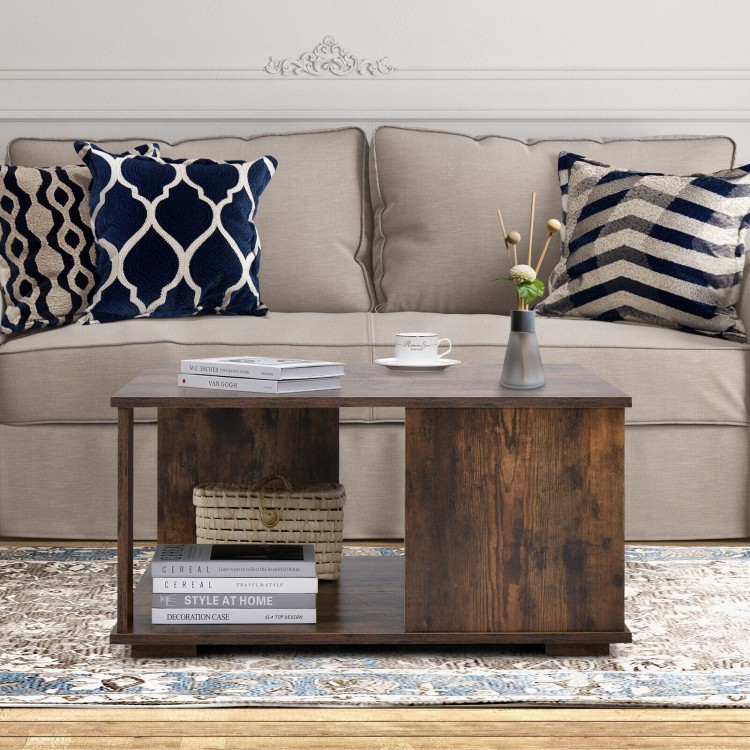 2 Tiers Square Coffee Table with Storage and Non-Slip Foot Pads-Rustic BrownCostway Gallery View 7 of 10