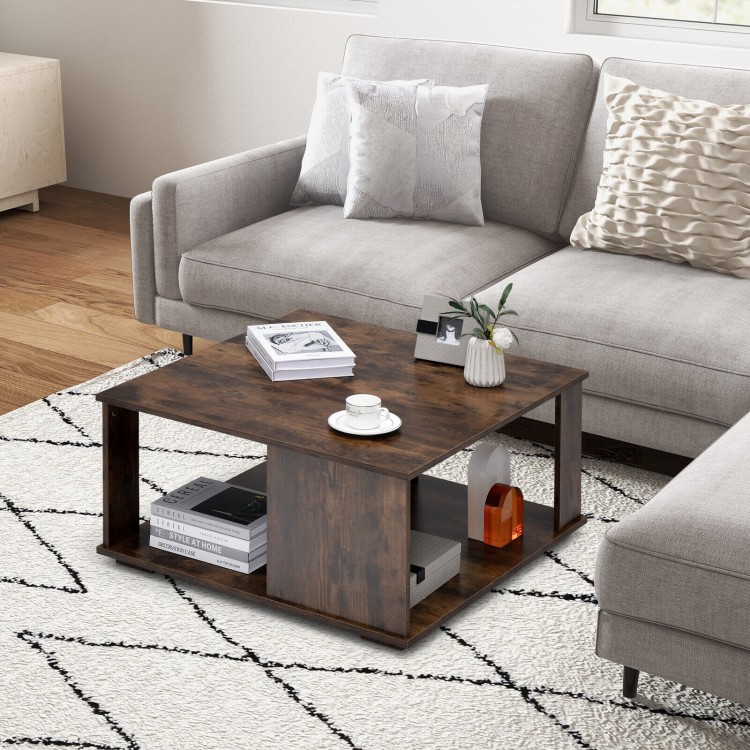 2 Tiers Square Coffee Table with Storage and Non-Slip Foot Pads-Rustic BrownCostway Gallery View 8 of 10