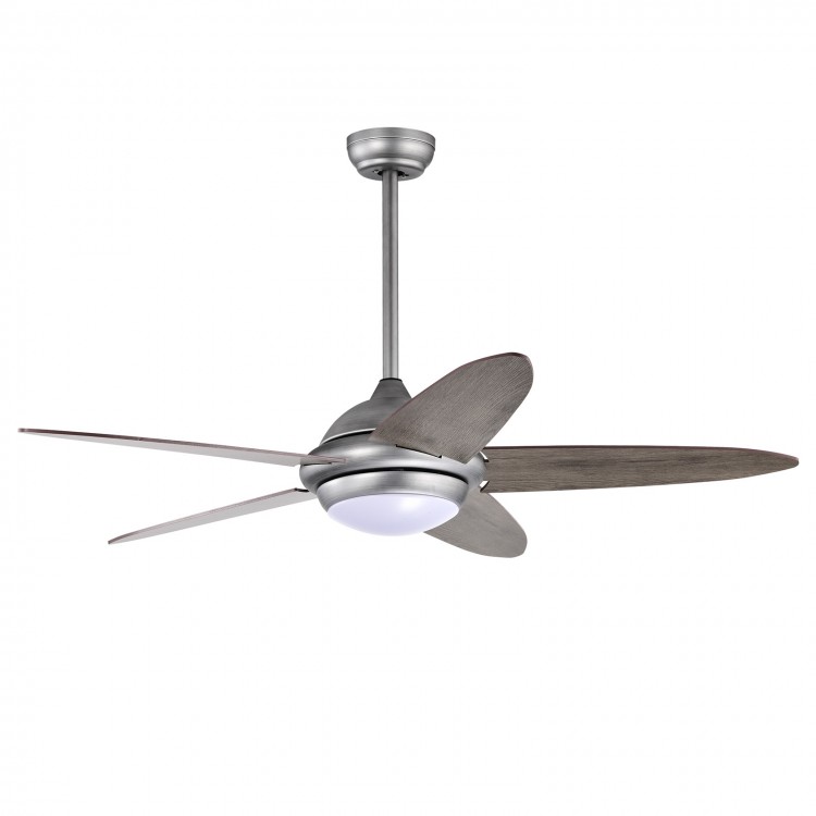 52-inch silver gray ceiling fan with lights, featuring 3 speeds, reversible motor, and remote control for versatile use.