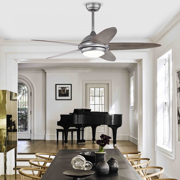 52-inch silver gray ceiling fan with lights, featuring dual finish blades and remote control, ideal for living rooms.