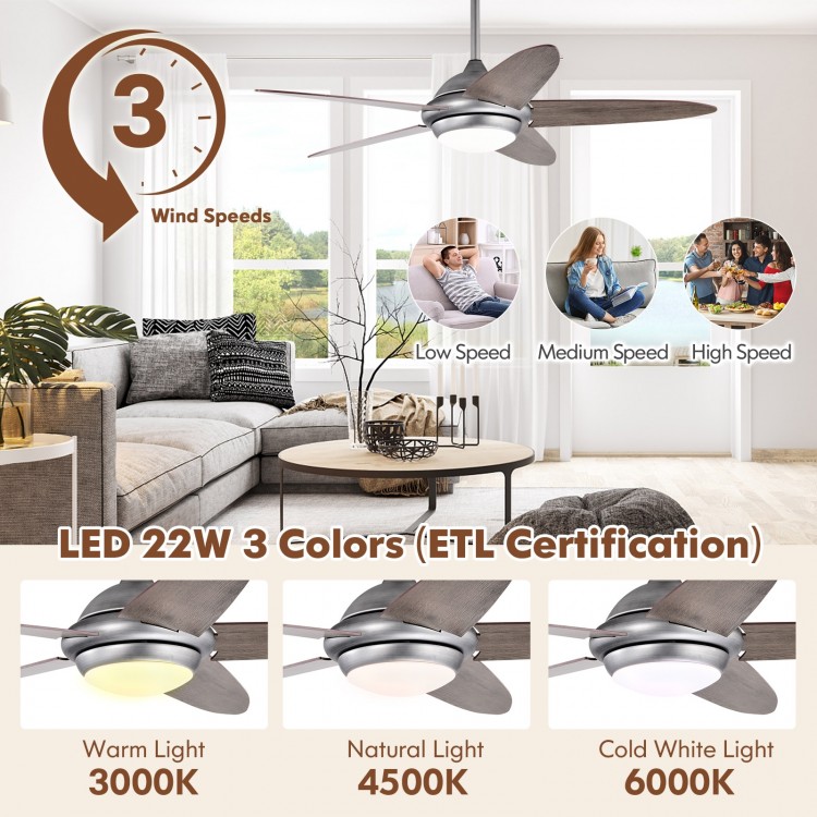 52-inch silver gray ceiling fan with LED lights, 3 color options, remote control, ideal for living room or bedroom.