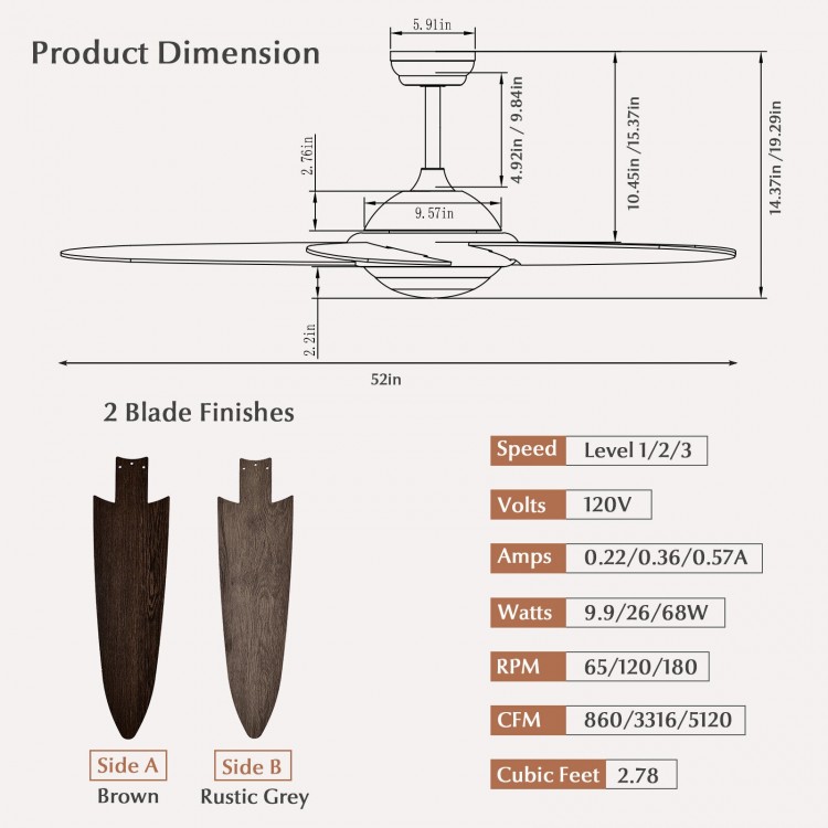 52-inch ceiling fan in silver gray with LED lights, dual blade finishes, and remote control for versatile indoor use.