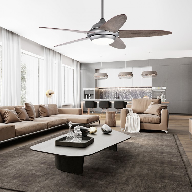 52-inch silver gray ceiling fan with lights, featuring dual finish blades and remote control for versatile indoor use.