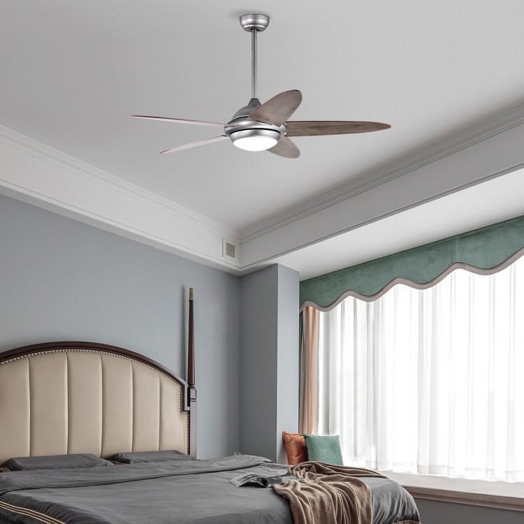 52-inch silver gray ceiling fan with lights, featuring dual finish blades and remote control, ideal for bedroom decor.