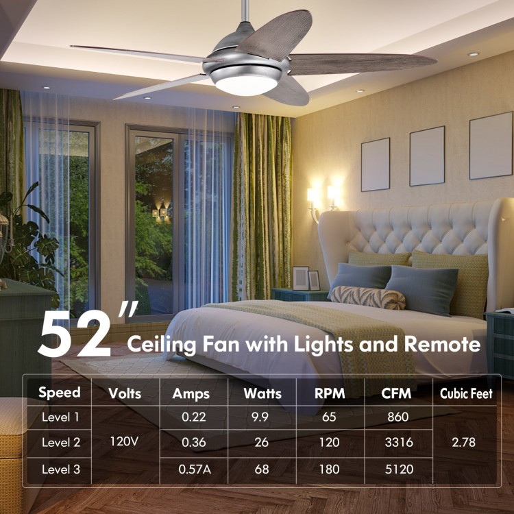 52-inch silver gray ceiling fan with lights, remote control, and 3 lighting colors for versatile indoor use.