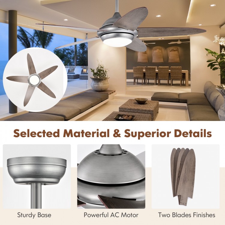52-inch silver gray ceiling fan with lights, featuring dual blade finishes and remote control for versatile indoor use.