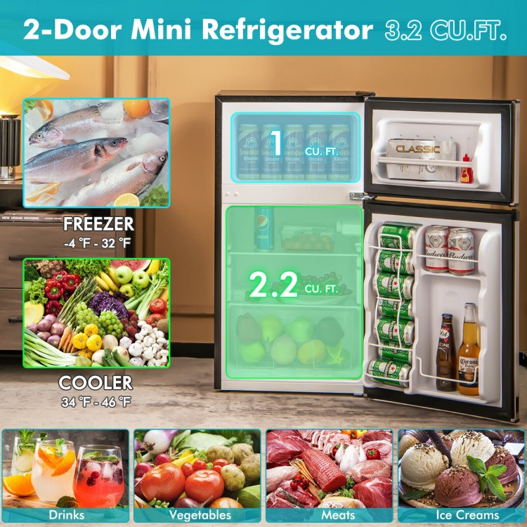 Compact 3.2 Cu. Ft. mini refrigerator with separate freezer and adjustable shelves, ideal for kitchens and dorms.